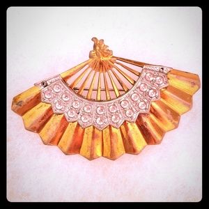 Vintage Gold Fan with Bow and Silver Brooch